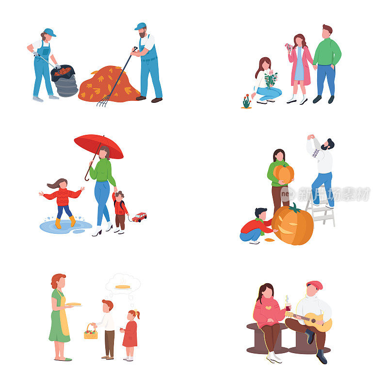 City autumn people flat color vector faceless character set